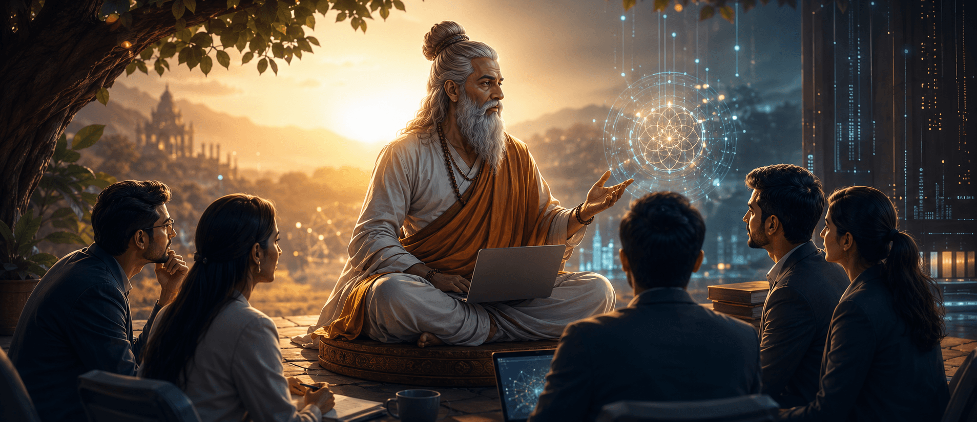 Brihaspati — the guru of knowledge — teaching modern professionals with laptops
